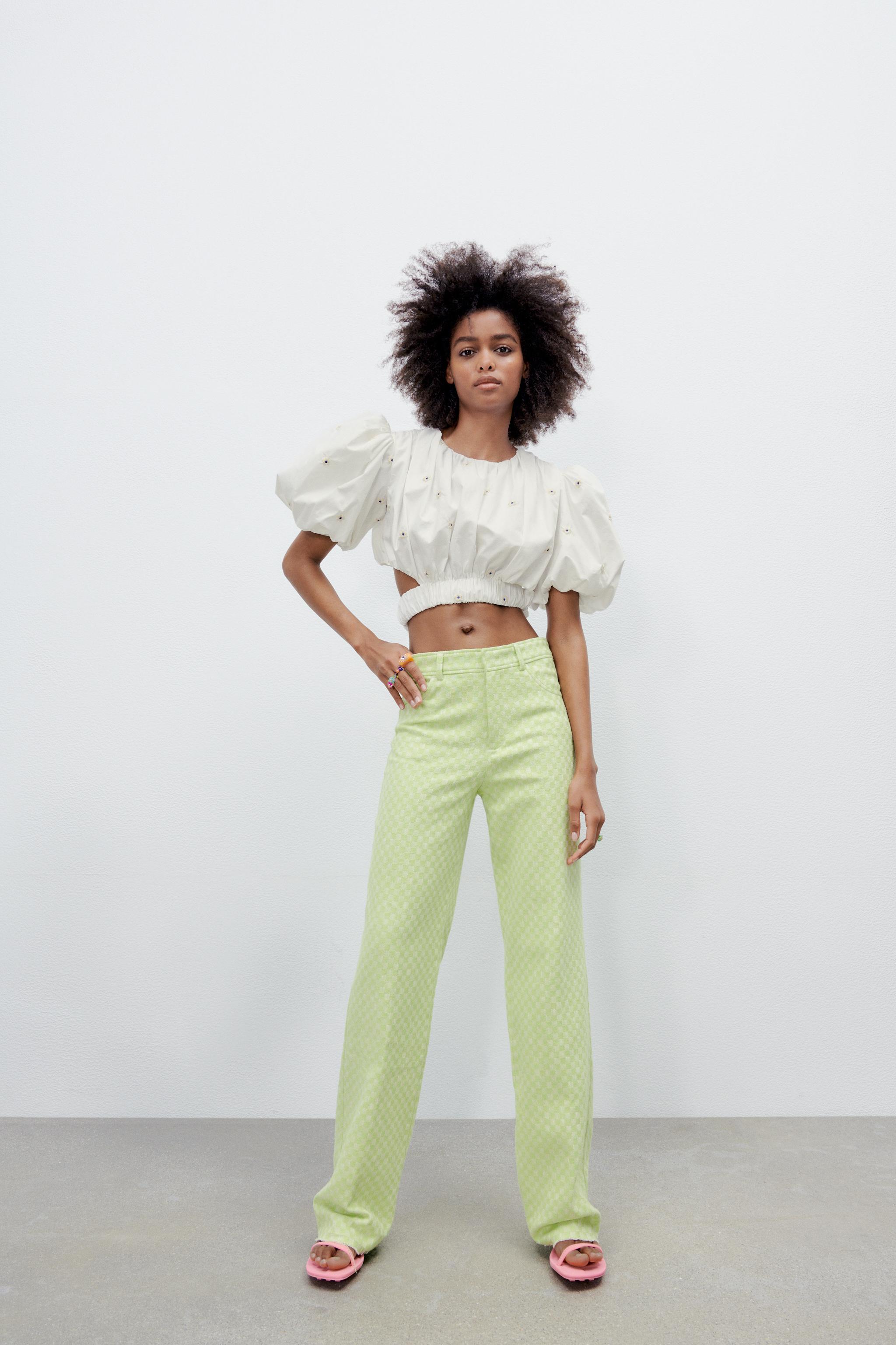 STRAIGHT GINGHAM TROUSERS Lime ZARA United Kingdom